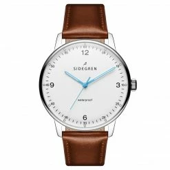 Sidegren Olivier | Montre En Acier Inoxydable Argenté Avec Bracelet Marron & Aiguilles Bleues