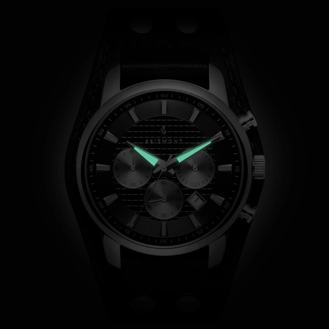 Seizmont Iphios | Montre Chronographe Noire En Acier Inoxydable Avec Bracelet Manchette En Cuir 4 Seizmont Iphios | Montre Chronographe Noire En Acier Inoxydable Avec Bracelet Manchette En Cuir – Image 2