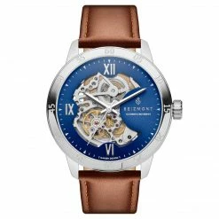 Seizmont Dante II | Montre Squelette En Acier Inoxydable Argenté Et Bleu Avec Bracelet En Cuir