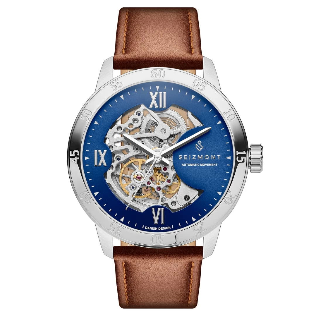 Seizmont Dante II | Montre Squelette En Acier Inoxydable Argenté Et Bleu Avec Bracelet En Cuir 3 Seizmont Dante II | Montre Squelette En Acier Inoxydable Argenté Et Bleu Avec Bracelet En Cuir