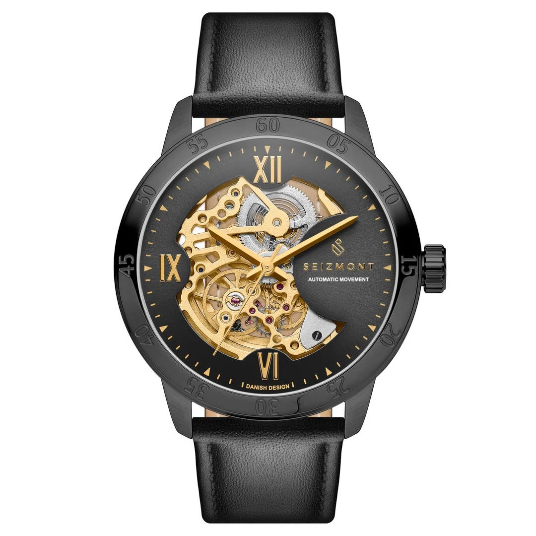 Seizmont Dante II | Montre Squelette En Acier Inoxydable Couleur Noir Et Or Avec Bracelet En Cuir 3 Seizmont Dante II | Montre Squelette En Acier Inoxydable Couleur Noir Et Or Avec Bracelet En Cuir