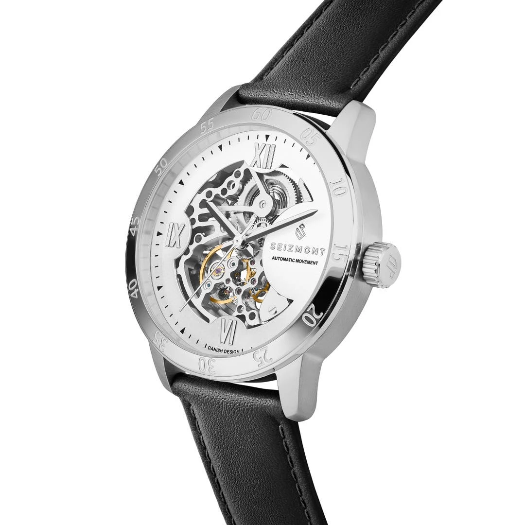 Seizmont Dante II | Montre Squelette En Acier Inoxydable Noir Et Argenté Avec Bracelet En Cuir 4 Seizmont Dante II | Montre Squelette En Acier Inoxydable Noir Et Argenté Avec Bracelet En Cuir – Image 2